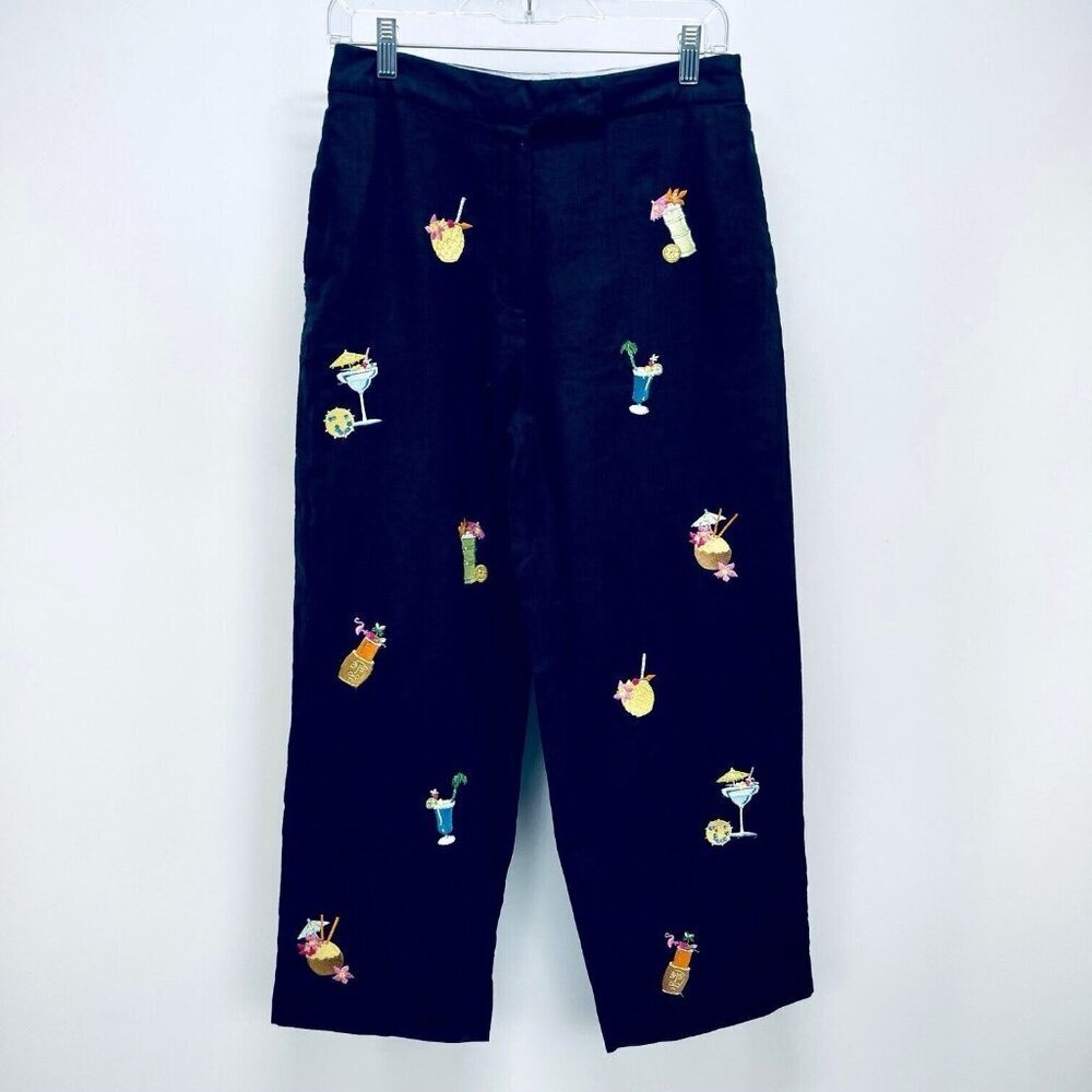 Saint Tropez Pants Sz 8 Women’s West Cropped Black Linen High-Rise Vacation